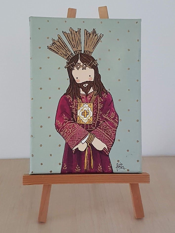 Pintura de Jesús Nazareno con túnica morada bordada en oro y tres potencias sobre la cabeza, sobre fondo azul verdoso con puntos dorados