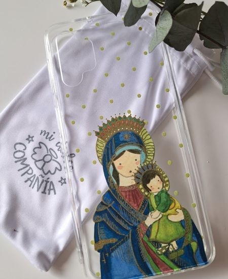 Funda transparente con imagen de la Virgen del Perpetuo Socorro y el Niño Jesús, con lunares verdes