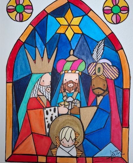 Ilustración estilo vitrales de los Reyes Magos adorando al Niño Jesús