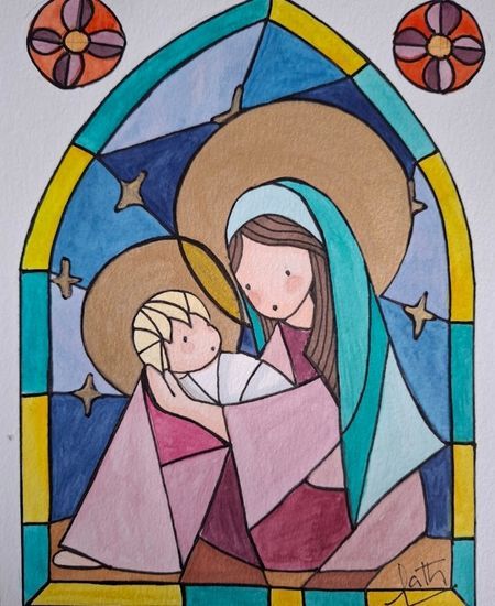 Ilustración estilo vitrales de la Virgen María con el Niño Jesús en brazos