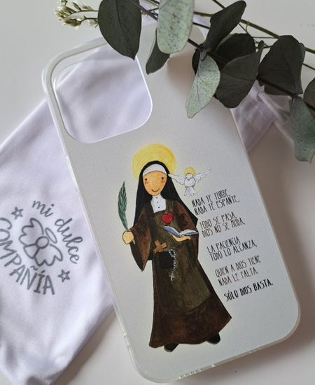 Funda de móvil con ilustración de Santa Teresa de Jesús, frase espiritual y hoja de olivo
