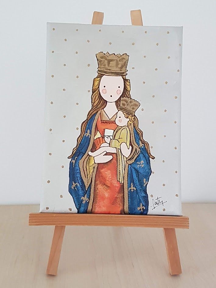 Pintura de la Virgen María con corona sosteniendo al Niño Jesús, ambos coronados, sobre fondo claro con puntos dorados