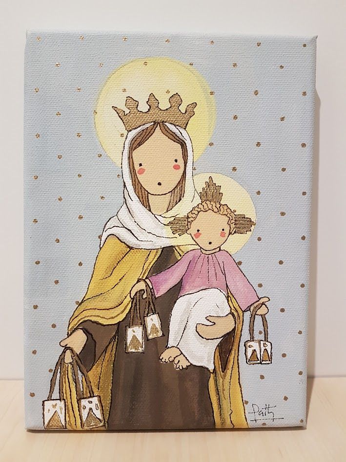 Pintura de la Virgen del Carmen con el Niño Jesús, ambos con coronas y escapularios, sobre fondo celeste con puntos dorados