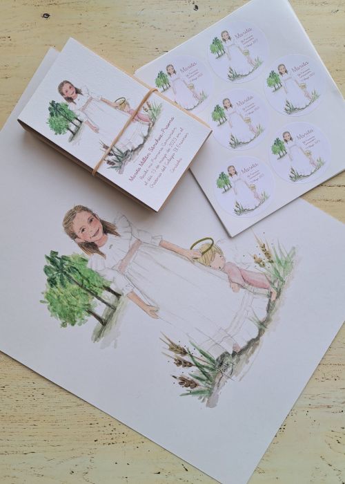 Pack de recordatorios de Primera Comunión personalizados con ilustración de niña en vestido blanco y cruz, acompañado de álbum y lámina a juego.
